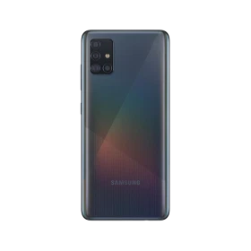 Samsung Galaxy A51 siyah akıllı telefonun arka yüzü, dörtlü kamera modülü ve parlak kaplama detayları