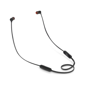 JBL T110BT Kablosuz siyah kulaklık, boyun askılı tasarım ve kablo üzeri kumanda detaylarıyla atin.