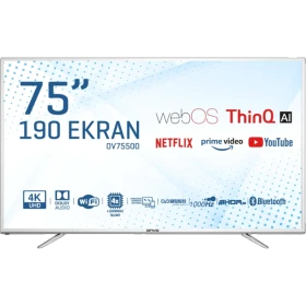 Onvo OV75500 Ultra HD 4K LED televizyon, 75 inç ekranı ve ince çerçevesiyle önden görünür.