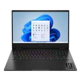 HP OMEN Gaming 16-wf1020nt 9J1Y9EA siyah oyuncu laptop, RGB klavye ve Windows ekranıyla önden görünüm.