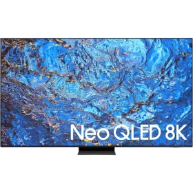 Samsung 98QN990C Ultra HD 8K QLED TV; mavi ve altın renkli NEO QLED 8K ekran temasıyla vitrin görünümü