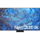 Samsung 98QN990C Ultra HD 8K QLED TV; mavi ve altın renkli NEO QLED 8K ekran temasıyla vitrin görünümü