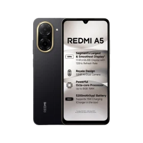 Xiaomi Redmi A5 siyah akıllı telefonun ön ve arka yüzünü gösteren ana ürün sunumu