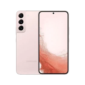 Samsung Galaxy S22 pembe akıllı telefonun ön ve arka görünümü, üçlü arka kamera tasarımıyla ana vitrin çekimi