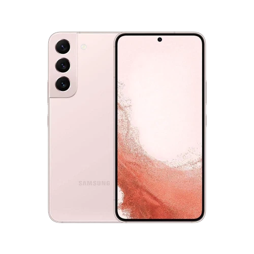 Samsung Galaxy S22 pembe akıllı telefonun ön ve arka görünümü, üçlü arka kamera tasarımıyla ana vitrin çekimi