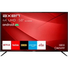 Axen AX58LEDM203 Ultra HD 4K LED televizyon, 58 inç ekran ve Android TV arayüzüyle önden görünüm