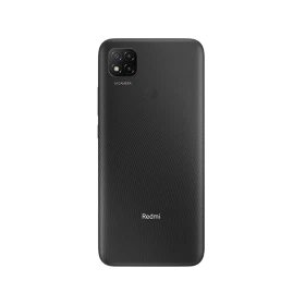 Xiaomi Redmi 9C siyah akıllı telefonun arka yüzü, çoklu kamera modülü ve parmak izi sensörü görünüyor