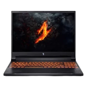 Acer Nitro V 16 ANV16-41-R30M siyah oyuncu laptop, önden açık görünüm ve turuncu aydınlatmalı klavye