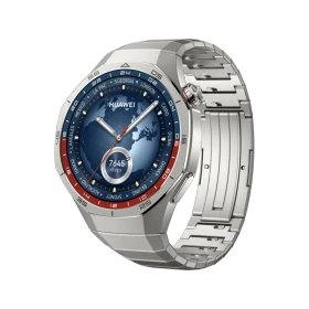 Huawei Watch GT 5 Pro Titanyum 46mm akıllı saat, titanyum kordon ve yuvarlak ekranıyla gösteriliyor.