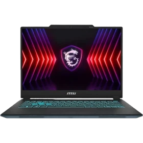 MSI Cyborg 14 A13VE-054XTRWH12 siyah oyuncu laptop; RGB arka plan ışıkları ve ejderha logosu görünüyor