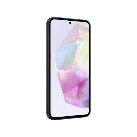 Samsung Galaxy A35 siyah akıllı telefon, önden görünüm, ince çerçeveli ekran ve ön kamera deliğiyle