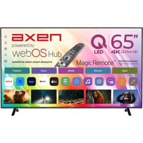 Axen AX65QMN252-0276 Ultra HD 4K LED televizyon, webOS Hub arayüzü ve kumandasıyla önden görünüm