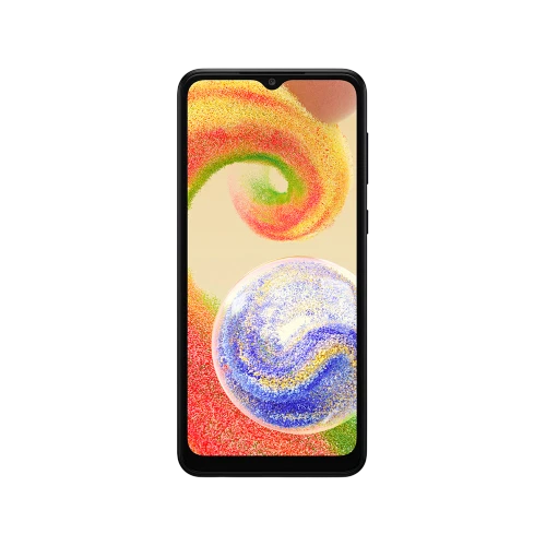 Samsung Galaxy A04 siyah akıllı telefon, önden görünüm, çentikli ekran ve renkli duvar kâğıdı ekranı