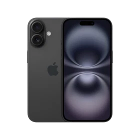 Apple iPhone 16 siyah akıllı telefon, önden ekran ve arkadan çift kamera görünümüyle vitrin çekimi