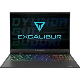 Casper Excalibur G920.1490-EX90A-E siyah oyuncu laptop, RGB aydınlatmalı klavye ve Excalibur ekranı görünüyor