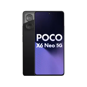 Siyah Poco X6 Neo akıllı telefon, önden ekran ve arkada çift kamera modülüyle yan yana görünümde