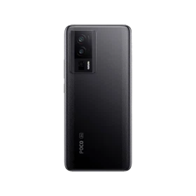 Siyah Poco F5 Pro akıllı telefonun arka yüzeyi, dikey çoklu kamera modülü ve şık tasarımıyla görünümü