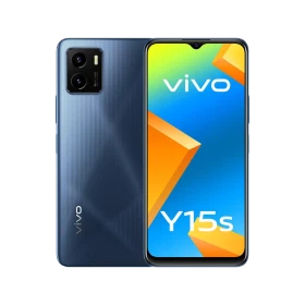 Vivo Y15s mavi akıllı telefon, ön ekran ve arka çift kamera tasarımıyla vitrin görünümü
