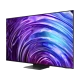 Samsung 77S95D Ultra HD 4K OLED televizyon, mor-mavi soyut ekran deseni, genel renk, ince çerçeve.