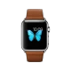 Apple Watch 38 mm gümüş paslanmaz çelik kasalı, kahverengi klasik kayışlı akıllı saat, kelebek ekranlı