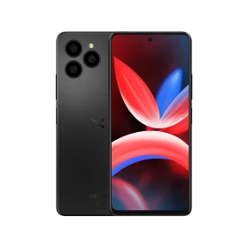 Siyah Omix X6 akıllı telefonun ön ve arka görünümü, geniş ekran ve üçlü arka kamera tasarımı