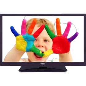 Vestel 22F8510L Full HD LED televizyon, siyah çerçeveli ayaklı tasarım ve renkli ekran içeriğiyle önden görünüm