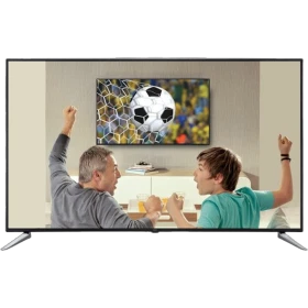 Vestel 49FB8500 Full HD LED televizyon, siyah çerçeveli ekranında futbol maçı izleyen iki kişi gösteriliyor