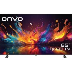 Onvo 65OVF9001UQ Ultra HD 4K QLED LED televizyon, renkli ekranı ve ayaklarıyla önden görünüm