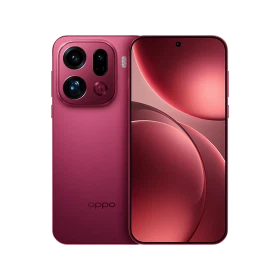 Oppo Find X9 Pro kırmızı akıllı telefon, ön ekran ve arka kamera modülüyle önden ve arkadan görünüm