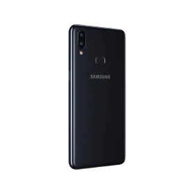 Siyah Samsung Galaxy A10s akıllı telefonun arka yüzü; çift kamera ve parmak izi sensörü detaylı görünüm
