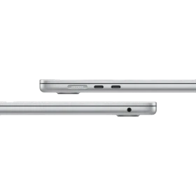 Apple MacBook Air M4 15.3 inç gümüş laptop, ince yan profil tasarımı ve bağlantı noktalarıyla yandan görünüm