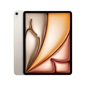 Apple iPad Air 2024 13 inç, Yıldız Işığı renkli Wi‑Fi + Cellular 1024 GB tablet ekranı ve arka kapağı.