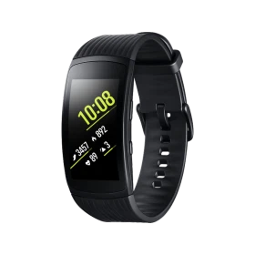 Samsung Gear Fit 2 Pro siyah akıllı bileklik, kavisli ekranı ve ayarlanabilir kayışıyla önden görünüm