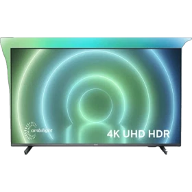 Philips 75PUS7906 Ultra HD 4K LED televizyon; ambilight efektli ekranda 4K UHD HDR yazısı. Genel renk.