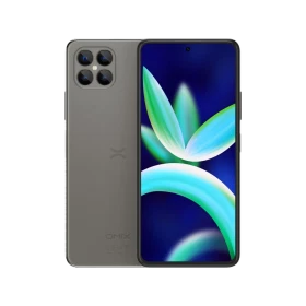 Gri Omix X600 akıllı telefonun ön ve arka görünümü, geniş ekran ve dört kameralı arka modül