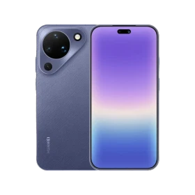 Mor renkli Huawei Pura 90 akıllı telefonun ön ekranı ve arka yüzeyi, çoklu kamera modülüyle birlikte
