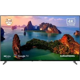 Grundig 55 GKU 750 Ultra HD 4K TV, manzara görüntüsü gösteren siyah çerçeveli LED televizyon