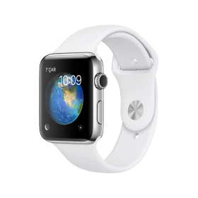 Apple Watch Series 2 42 mm gümüş paslanmaz çelik kasalı, beyaz spor kordonlu akıllı saat