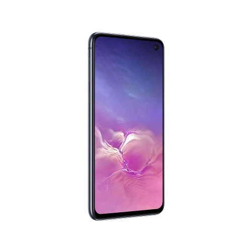 Siyah Samsung Galaxy S10e akıllı telefon, önden görünümde tam ekran ve delikli ön kamera tasarımı