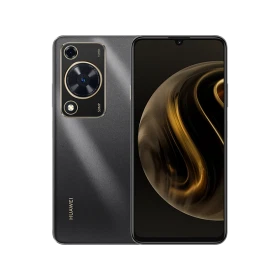 Huawei Nova Y72 siyah akıllı telefon, ön ekran ve arka kamera modülüyle vitrin görünümü