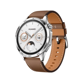 Huawei Watch GT 4 kahverengi 46mm akıllı saat, beyaz kadran ve deri kayışla önden görünüm