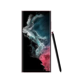 Samsung Galaxy S22 Ultra bordo akıllı telefon, geniş ekran ve S Pen ile önden görünüm