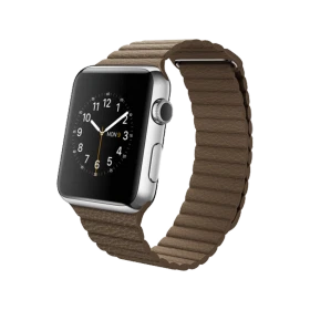 Apple Watch 42 mm gümüş paslanmaz çelik kasalı, açık kahverengi deri Loop kayışlı akıllı saat