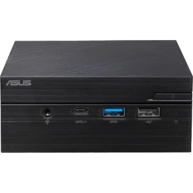 Asus Mini PC PN40-BC417ZV siyah masaüstü bilgisayarın ön paneli ve bağlantı noktaları