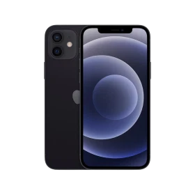 Apple iPhone 12 Mini siyah akıllı telefon, ön ve arka yüzüyle vitrinde çift kamera detaylı görünüm