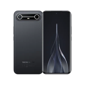 Tecno Spark Slim 5G siyah akıllı telefon, ön ekran ve çift arka kamera tasarımlı vitrin görünümü
