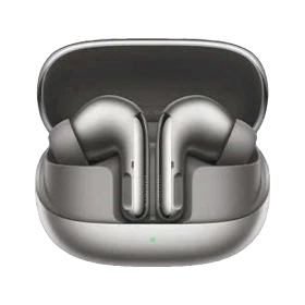 Xiaomi Buds 5 Pro tam kablosuz gri kulaklık, şarj kutusu açık ve iki kulaklık yerleştirilmiş halde